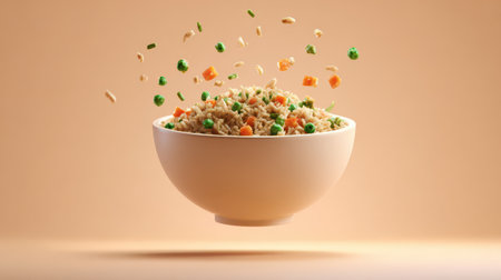 A bowl of fried rice surrounded by flying vegetables creates a vibrant display, showcasing fresh ingredients and culinary art.の素材