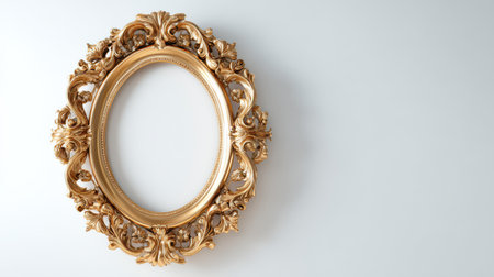 An ornate golden frame hangs on a plain wall, waiting for a beautiful picture to be added. Its intricate design captures attention.の素材