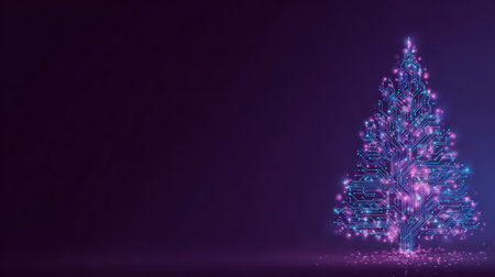 A mesmerizing tree glimmers with neon circuit designs and colorful lights, creating a magical atmosphere in a digital world.の素材