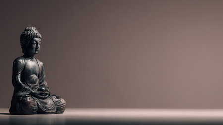 A Buddha statue sits peacefully, embodying calmness and wisdom, surrounded by gentle light that creates a tranquil atmosphere.の素材