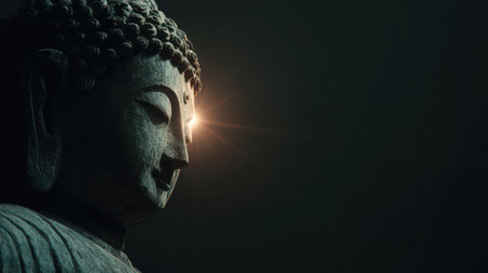 A majestic Buddha statue stands in tranquil darkness, gently illuminated by a warm light, creating a meditative atmosphere.の素材