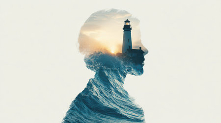 A silhouette of a person merges with a lighthouse and crashing waves, symbolizing a deep bond with nature's beauty at sunset.の素材