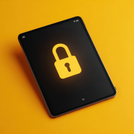 A modern tablet rests on a vibrant yellow surface, displaying a glowing padlock symbol that symbolizes digital security and protection.の素材