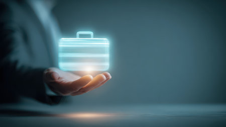A person holds a glowing digital briefcase in their hand, symbolizing the future of business technology and innovation.の素材