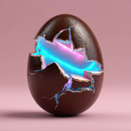 A dark chocolate egg cracks open, displaying a stunning blue and pink glow inside, set against a soft pastel background that enhances its charm.の素材