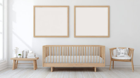 A cozy nursery features a wooden crib, two empty frames on the wall, and warm sunlight illuminating the space.の素材