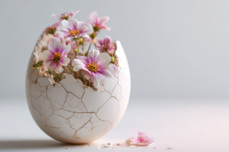 Delicate flowers burst from a cracked eggshell, creating a beautiful scene that symbolizes new beginnings and nature's artistry.の素材