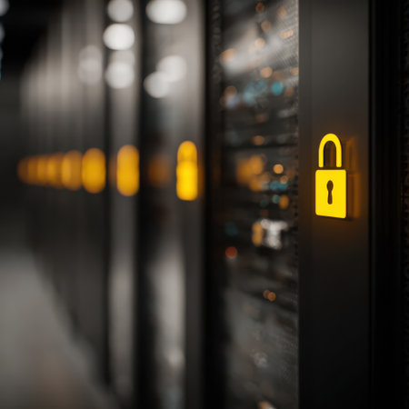 Rows of servers in a darkened data center are illuminated by bright yellow padlock icons, representing enhanced security measures.の素材