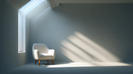 Soft rays of sunlight illuminate a simple room featuring a stylish armchair, creating a serene and inviting atmosphere.の素材