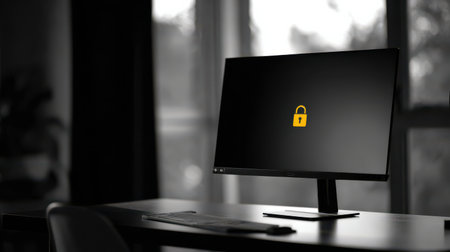 A dark workspace features a computer monitor with a yellow padlock symbol, symbolizing data protection during evening hours.の素材