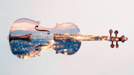 A beautiful violin merges with a city skyline during twilight. The lights of the city reflect inside the instrument, creating a magical scene.の素材