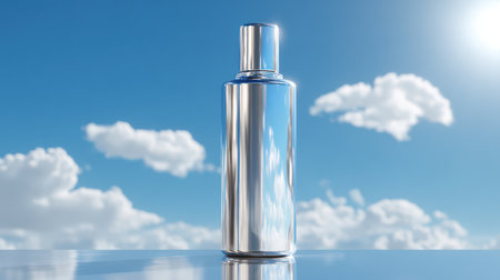 A sleek silver bottle stands tall against a clear blue sky with fluffy white clouds, illuminated by warm morning light.の素材
