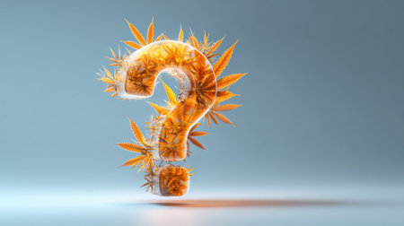 A striking question mark formed by lush cannabis leaves stands out against a soft backdrop, inviting intrigue and reflection.の素材