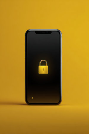 A smartphone displays a golden padlock symbol on a sleek black screen against a vibrant yellow backdrop, creating a modern feel.の素材