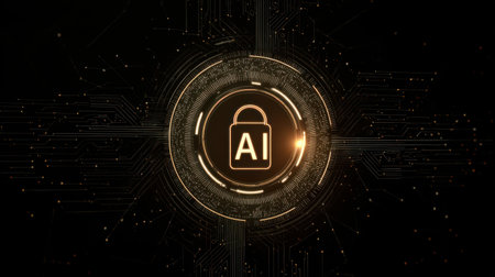 A digital scene shows a glowing lock symbol surrounded by intricate circuits, symbolizing AI-driven security in technology.の素材