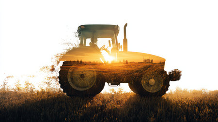 A tractor stands proudly as the sun sets behind it, casting a warm glow over a tranquil field filled with golden crops during early evening.の素材