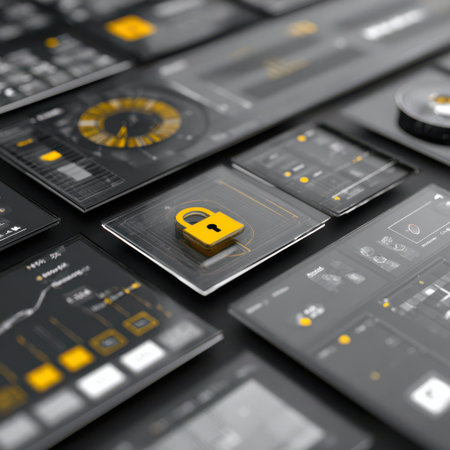A detailed layout showcases various digital security features with sleek black and yellow designs.の素材