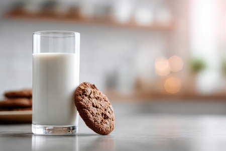 A tall glass of cold milk stands beside a freshly baked cookie on a kitchen countertop, inviting afternoon delight in a warm setting.の素材