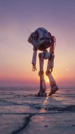 A lonely robot walks across a cracked surface as the sun sets, casting warm hues in the sky. The scene evokes a sense of adventure and solitude.の素材