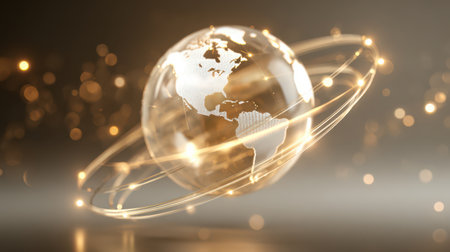 A shining globe spins in space, surrounded by glowing golden rings and sparkling lights, creating a magical atmosphere.の素材
