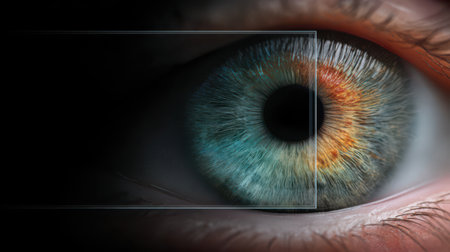 This vivid human eye showcases a mix of colors and patterns, revealing the beauty of its unique texture and depth.の素材