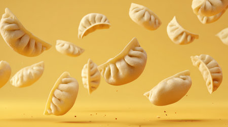 Fluffy dumplings soar against a bright yellow backdrop, showcasing their delightful shapes and textures in an artistic display.の素材