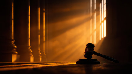 A wooden gavel lies on a table, illuminated by golden beams of sunlight filtering through tall windows. The quiet scene evokes the weight of justice.の素材