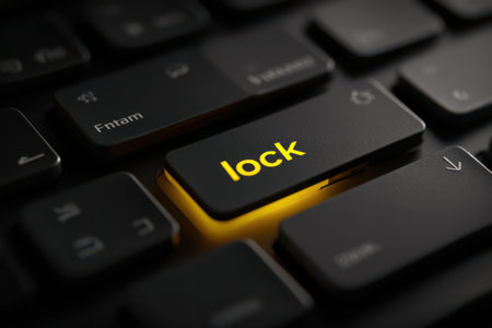 A glowing lock key stands out on a black keyboard, casting a warm light in the dark, suggesting security and access control.の素材