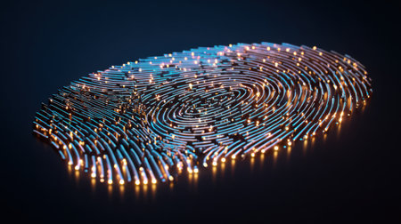A vibrant fingerprint pattern shines with colorful lights against a dark backdrop, showcasing modern artistry and digital innovation.の素材