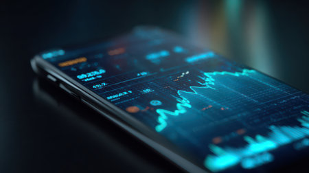A smartphone displays stock market data and charts, illuminated in a dark workspace. The vibrant colors highlight the trends and analytics.の素材