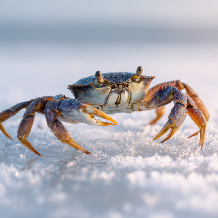 A small crab moves across a snowy surface, reflecting the soft twilight light, showcasing winter's charm at the shore.の素材