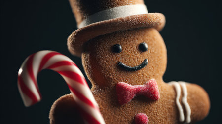 A playful gingerbread man with a hat smiles while holding a candy cane, evoking holiday cheer and warmth during winter celebrations.の素材
