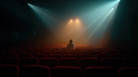 A solitary figure sits in an empty theater, surrounded by red seats, while soft golden and blue lights illuminate the stage.の素材