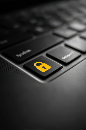 A close-up view of a black keyboard highlighting a yellow lock key, symbolizing digital security and privacy in an office setting.の素材