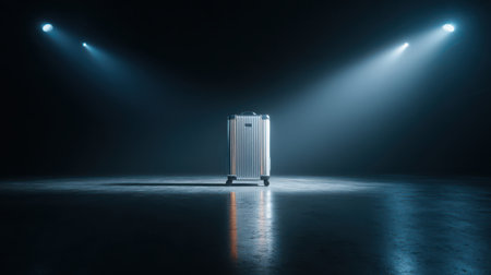 A sleek suitcase sits boldly in a dark studio, illuminated by soft beams of light that create dramatic shadows, evoking a sense of adventure.の素材