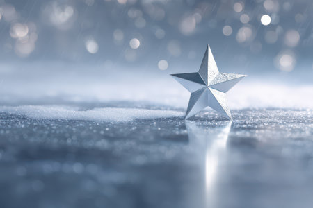 A silver star sits quietly on a glistening frosty surface, surrounded by a misty, sparkling background that evokes a serene winter atmosphere.の素材