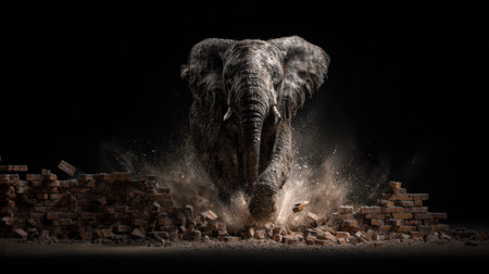 In a dramatic scene, an elephant charges through a crumbling brick wall, creating clouds of dust and debris around it.の素材