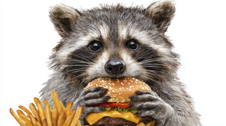A raccoon eagerly holds a large hamburger, surrounded by crispy fries. The scene captures its playful nature and love for food.の素材