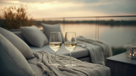Two elegant glasses of white wine sit on a cozy balcony, as golden light illuminates the tranquil river below.の素材