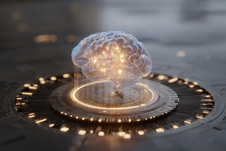 A brain is artfully displayed, glowing with bright lights, sitting on a circular platform that merges technology and creativity.の素材