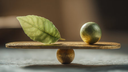 A delicate green leaf and golden spheres rest on a wooden platform, creating a serene balance in a soft-lit space that invites tranquility.の素材