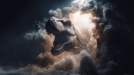 A massive dinosaur bursts through swirling clouds, showcasing its fierce presence and dynamic energy. An awe-inspiring moment caught in time.の素材