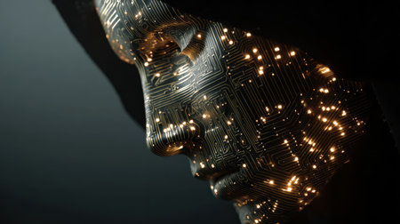 A close-up view reveals a human-like face made of intricate circuits and glowing lights, symbolizing the blend of technology and identity.の素材