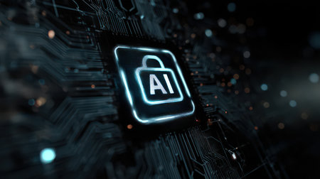 At night, a glowing symbol of AI security shines amidst a circuit board, representing the future of technology and protection.の素材