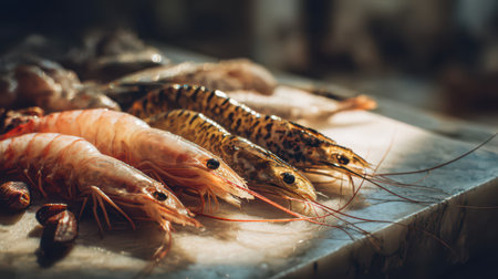 Succulent shrimp and prawns are arranged on a marble surface, illuminated by warm, golden light. Their vibrant colors stand out, inviting attention.の素材