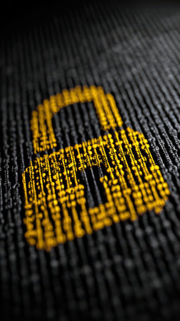 A vibrant yellow lock stands out against a textured black background, representing security.の素材