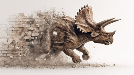 A majestic dinosaur bursts through a crumbling wall, showcasing its immense power and life. Dust and debris fly as it charges forward.の素材