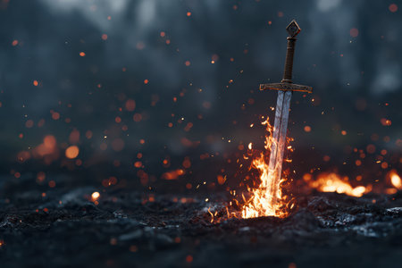 A majestic sword emerges from molten lava, flames dancing around it as smoke rises into the air, creating a dramatic and mystical atmosphere.の素材