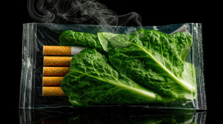 A vivid scene shows fresh lettuce beside cigarette butts, highlighting the stark contrast between health and harmful habits.の素材