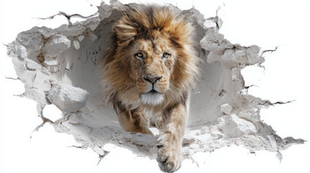 A powerful lion emerges from a crumbling wall, symbolizing freedom and strength in an intense moment of drama and beauty.の素材